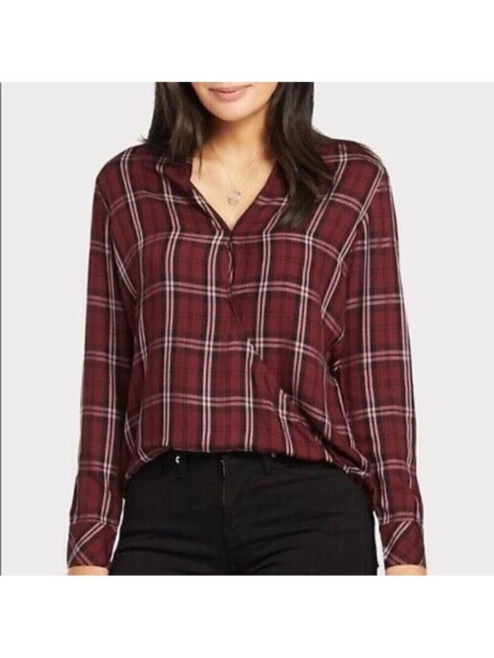 Anthropologie Cloth & Stone Evereve Drape Front Plaid Shirt in Maroon Size XS